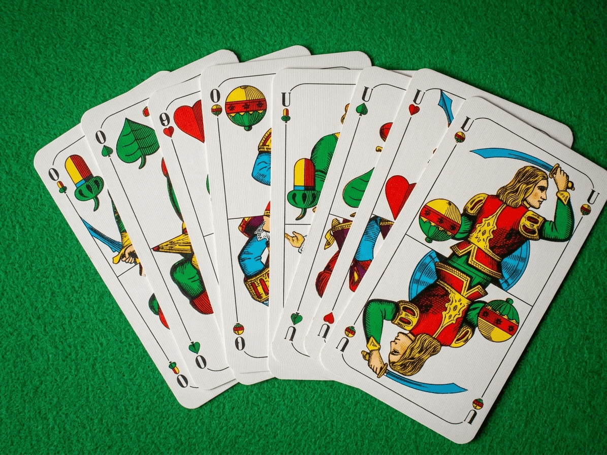 Schafkopfkarten liegen auf einem grünen Tisch